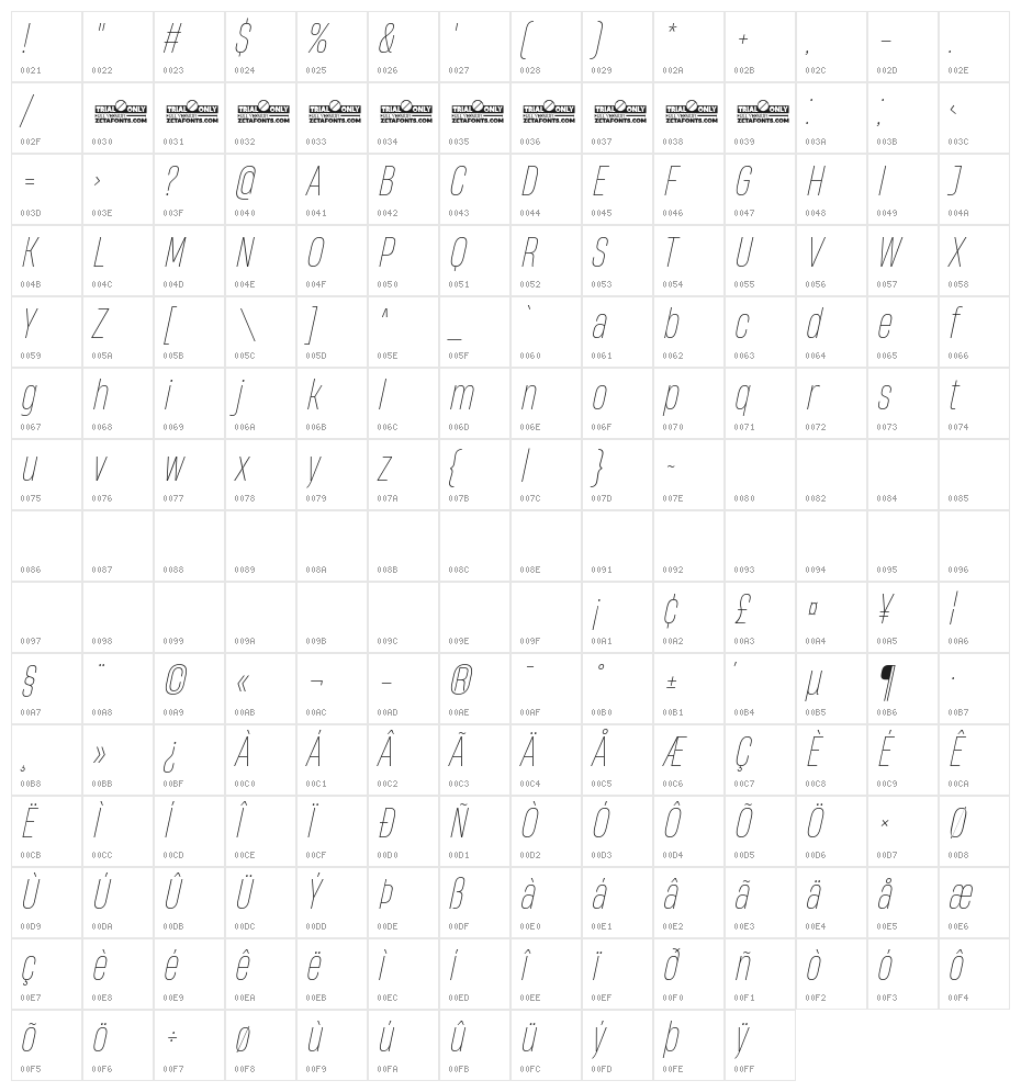 HeadingNow Trial 41 Thin Italic Character Map