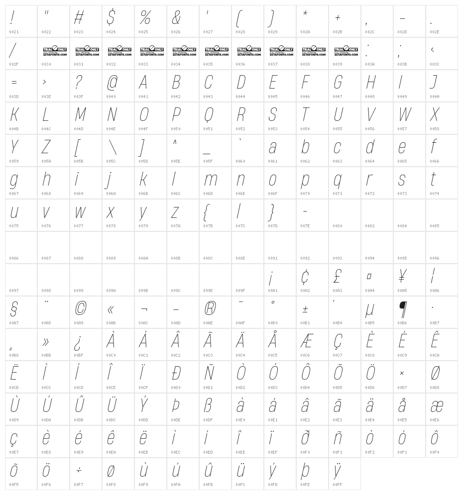 HeadingNow Trial 51 Thin Italic Character Map