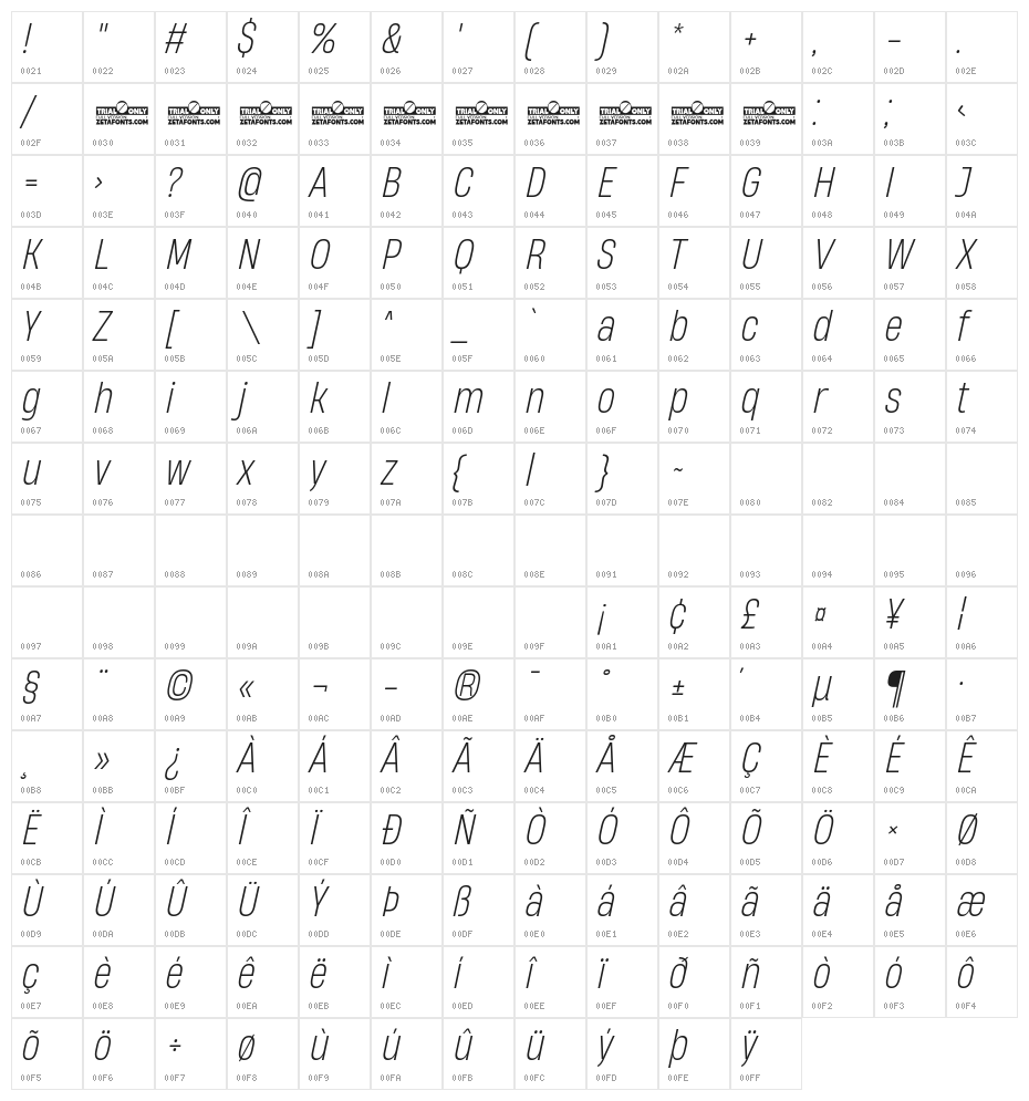 HeadingNow Trial 52 Light Italic Character Map