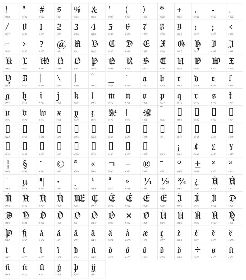 Headline Text UNZ1L Character Map