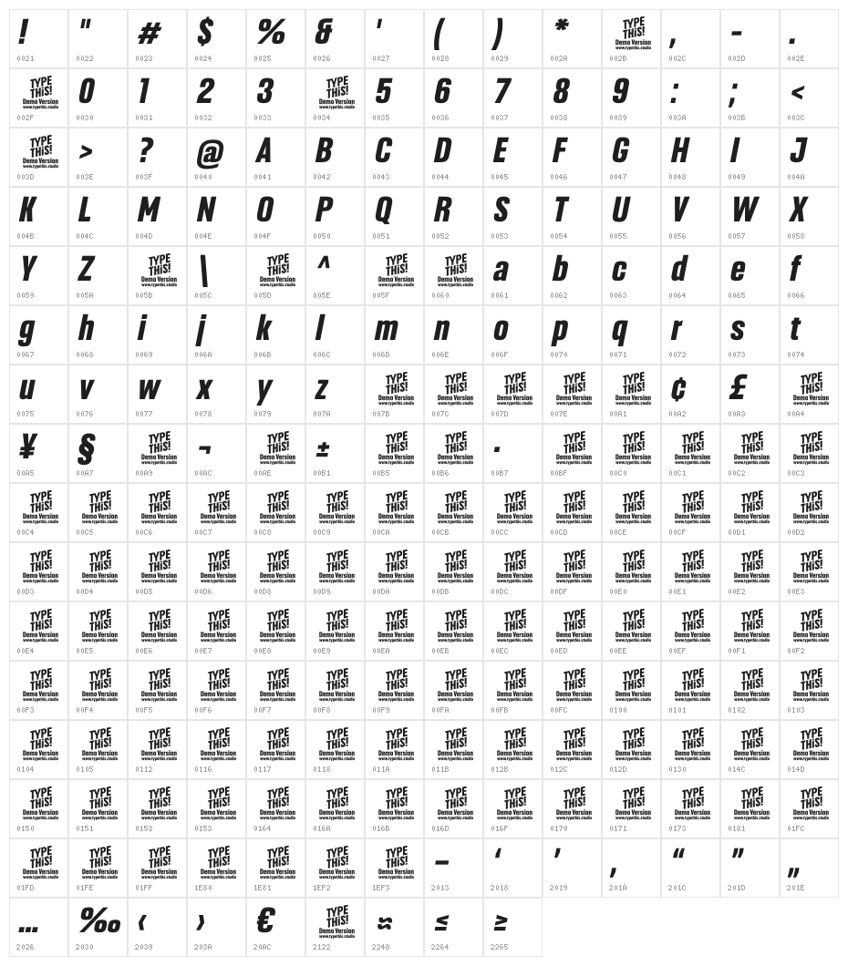 Headlines Bold Italic Character Map