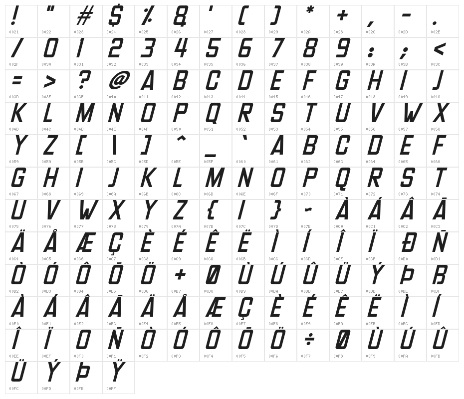 Headlines Deluxe Italic Character Map