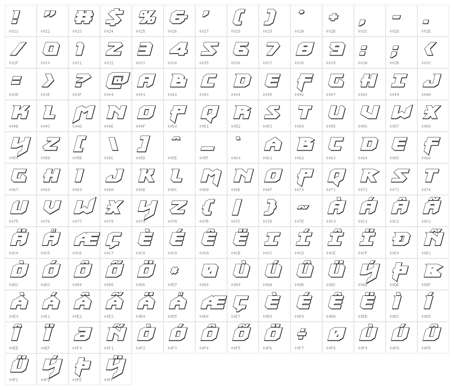 Heavy Copper 3D Italic Character Map