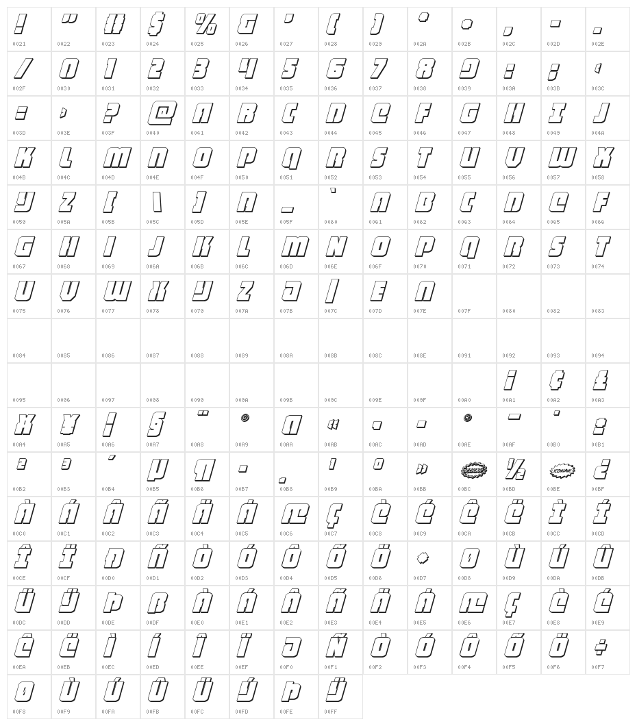Heavy Falcon 3D Italic Character Map