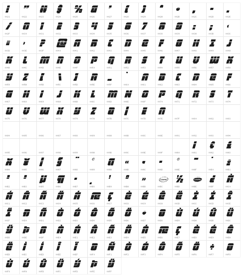 Heavy Falcon Laser Italic Character Map