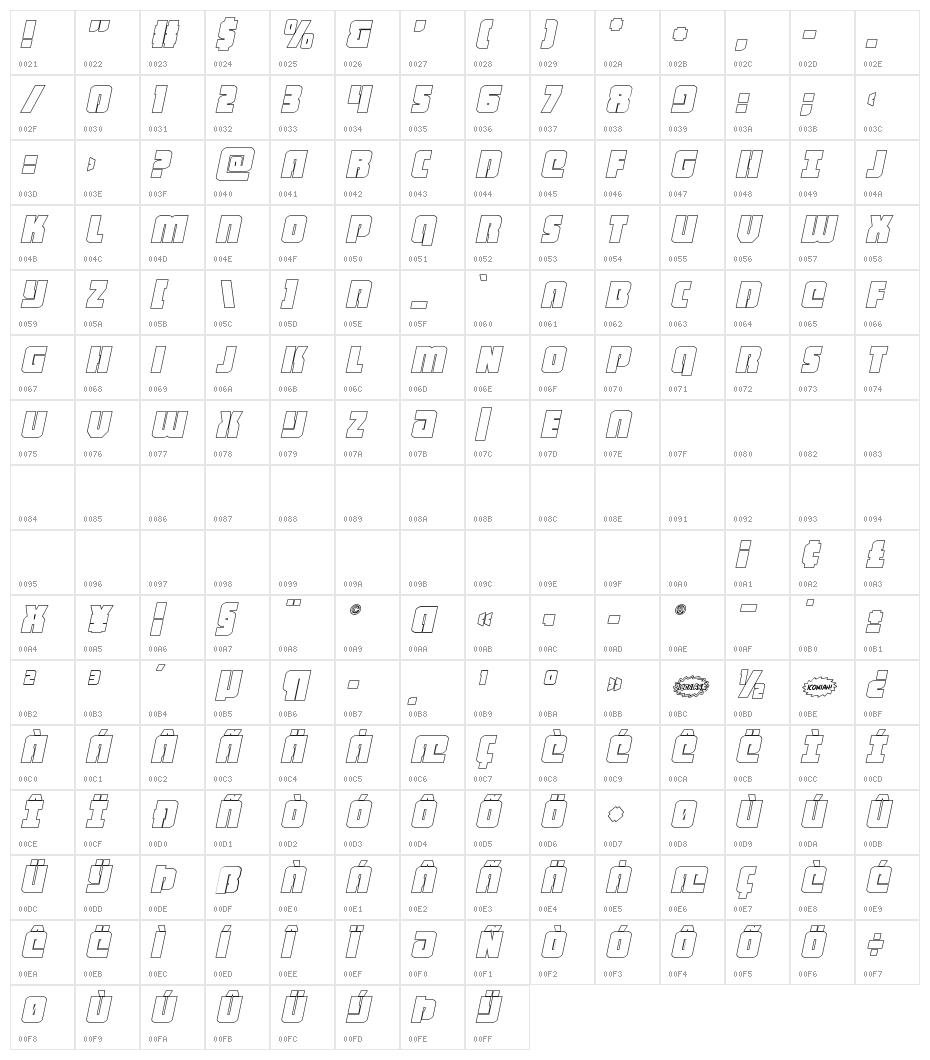 Heavy Falcon Outline Italic Character Map