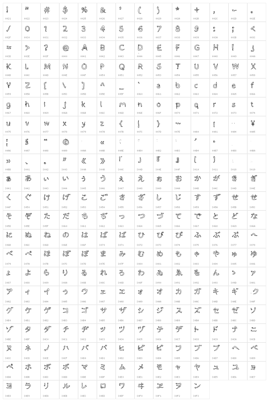 Hebisanfont Regular Character Map