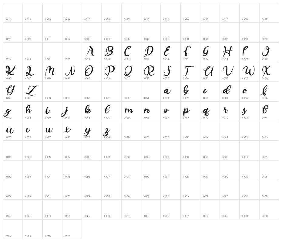 HelegraFREE Character Map