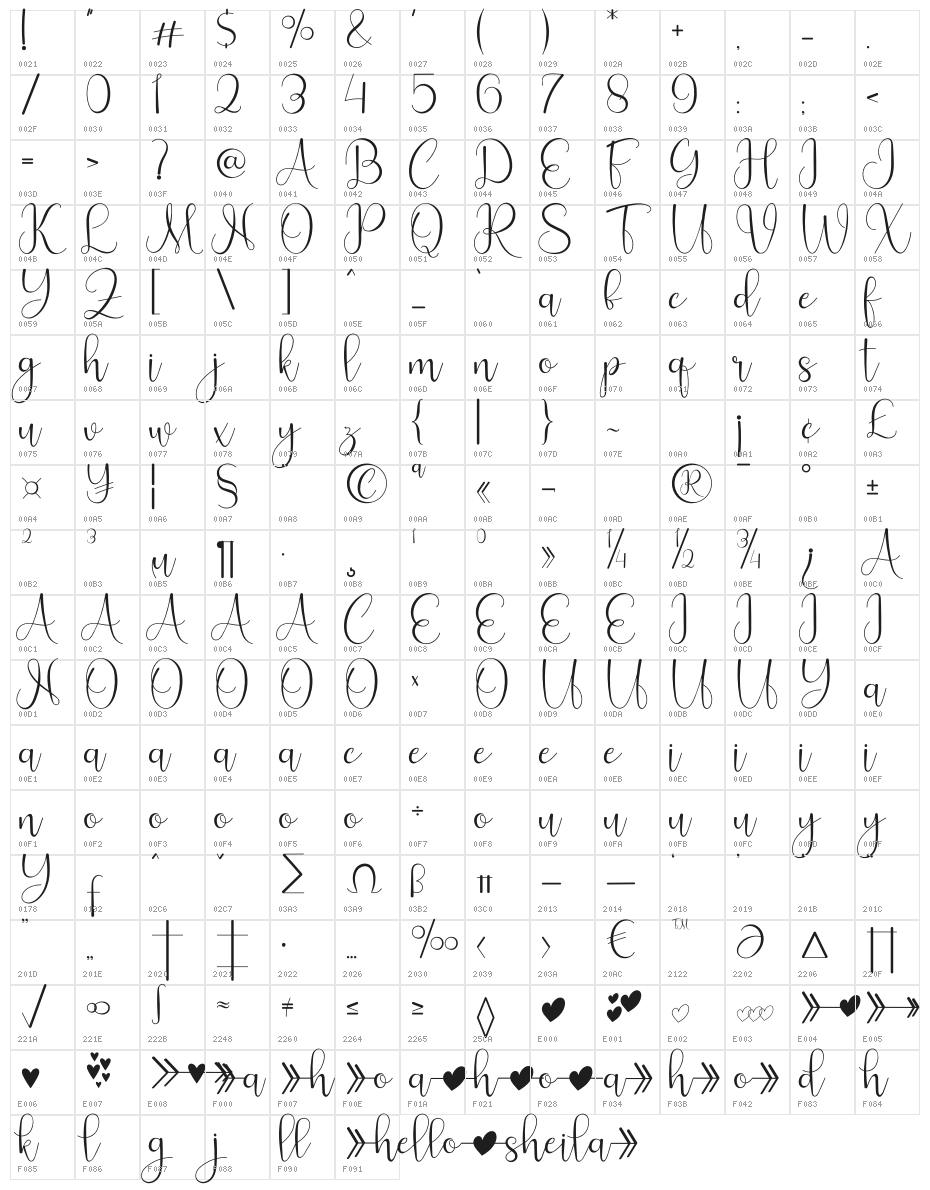 Hello Sheila Character Map