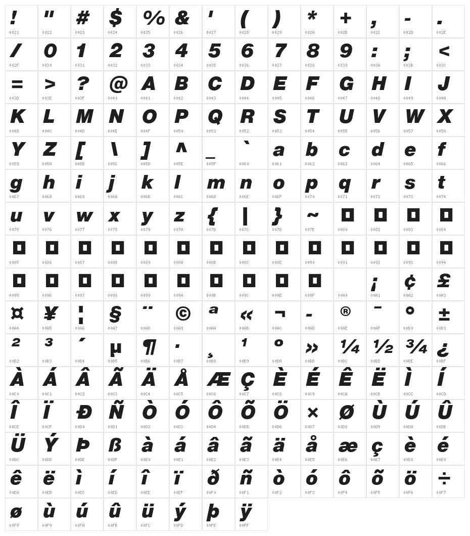 HelveticaNowText-BlackItalic Character Map