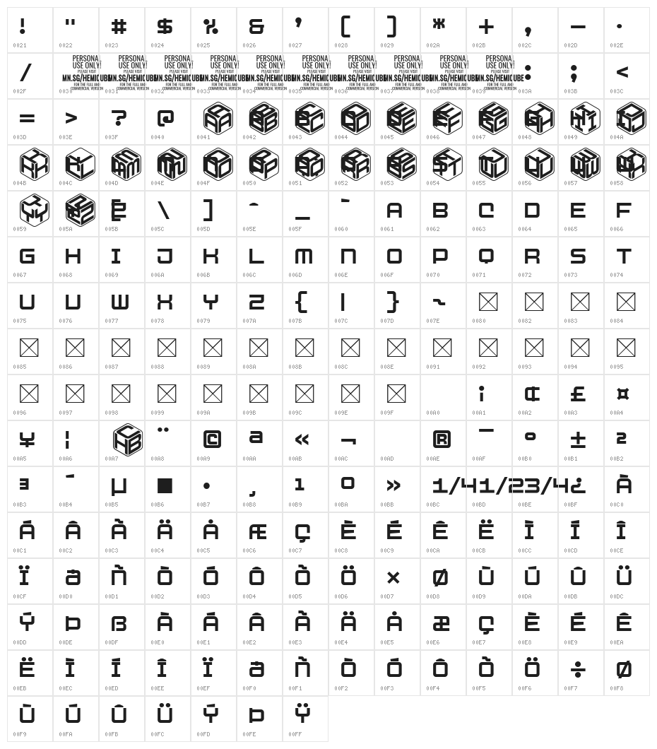 Hemicube PERSONAL USE ONLY Character Map