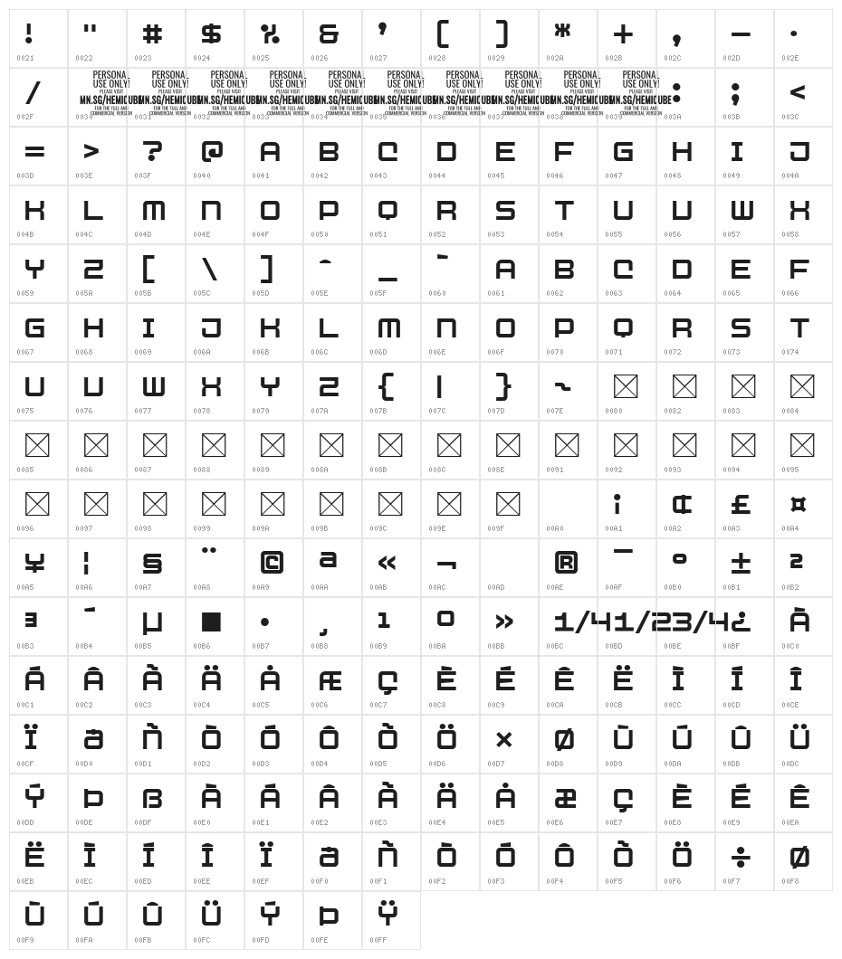 Hemicube Type PERSONAL USE ONLY Character Map