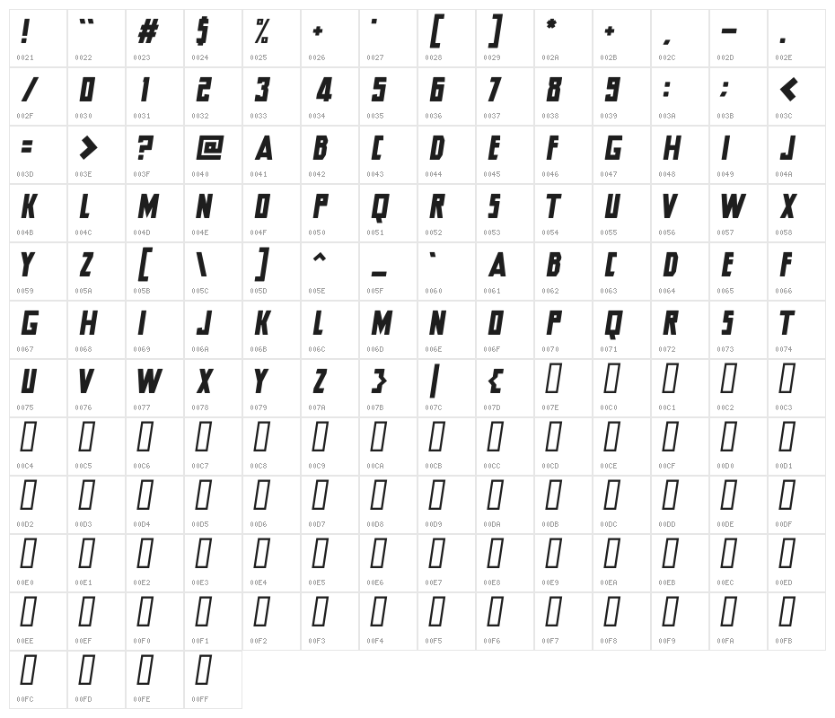 Hero Italic Character Map