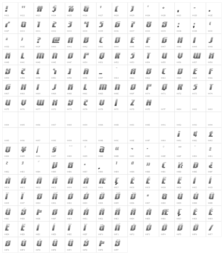 Hero Worship Gradient Italic Character Map
