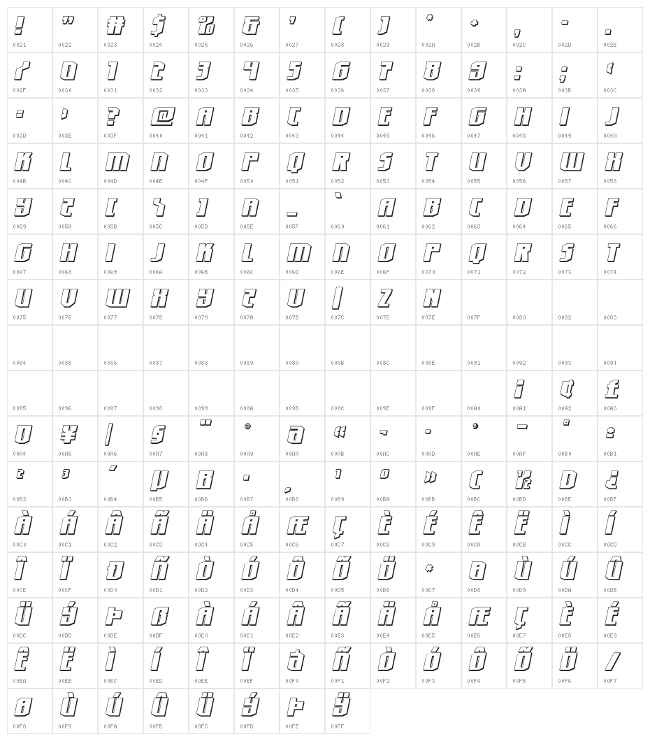 Hero Worship Shadow Italic Character Map