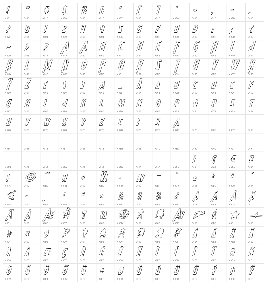 Heroes Assemble 3D Italic Character Map