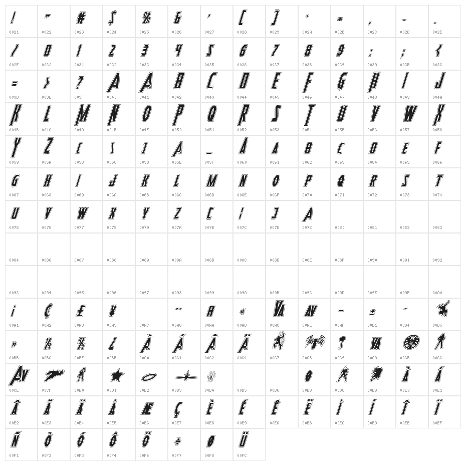 Heroes Assemble Academy Italic Character Map