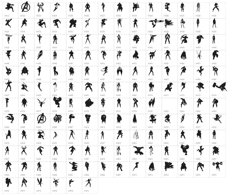 Heroes Assemble Dingbats Regular Character Map