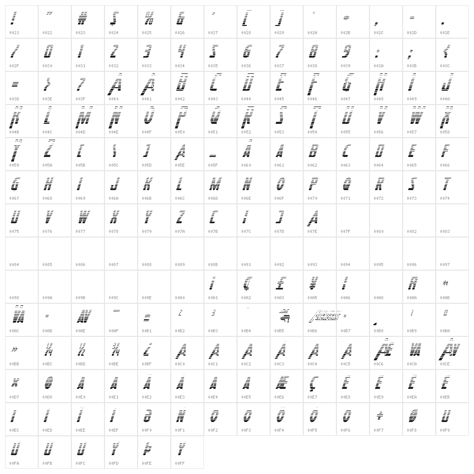 Heroes Assemble Gradient Italic Character Map