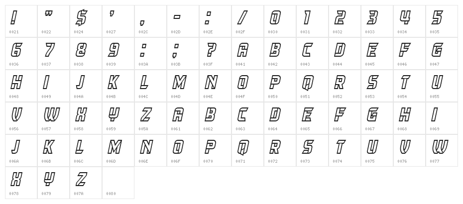Herum Albern Outline Italic Character Map
