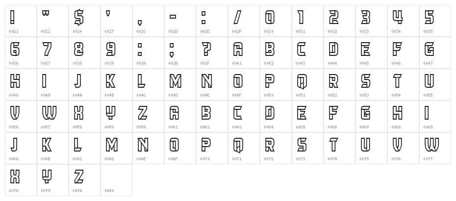 Herum Albern Outline Regular Character Map