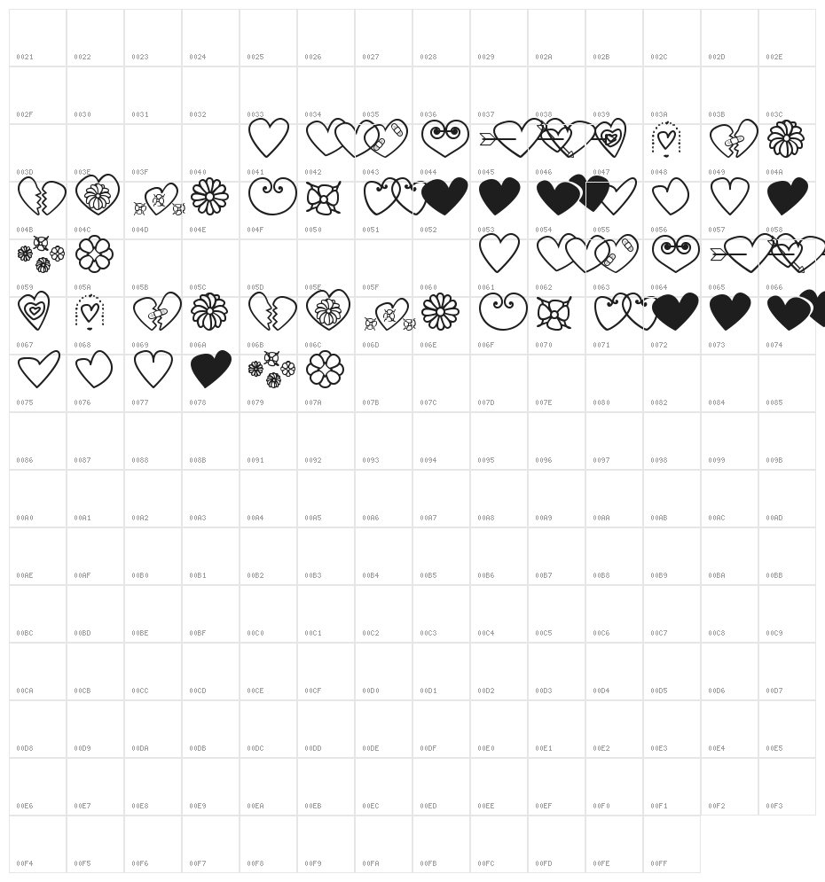 hearts and flowers for valentines Character Map