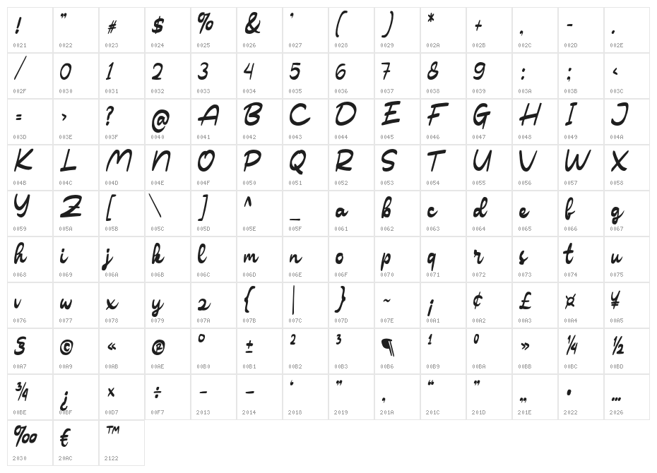 HicksarDEMO-Regular Character Map