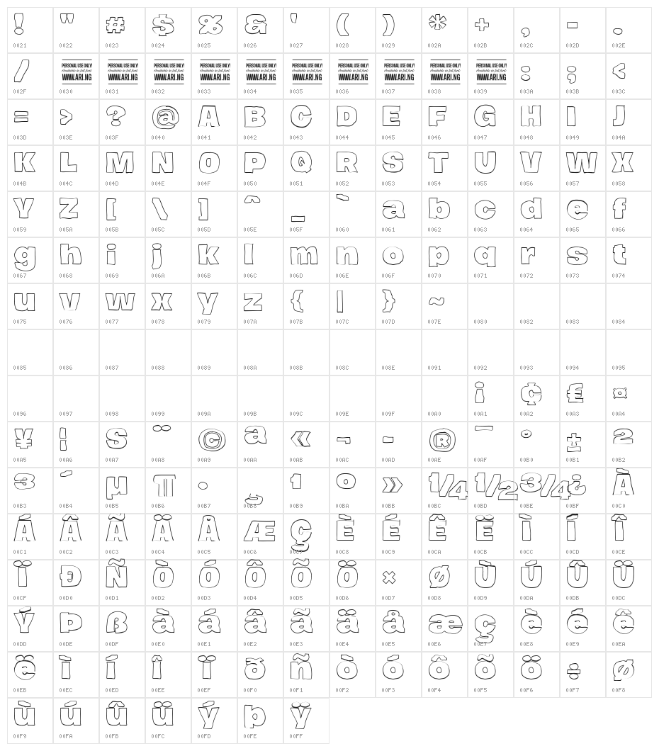Hierograf Outline PERSONAL USE Character Map