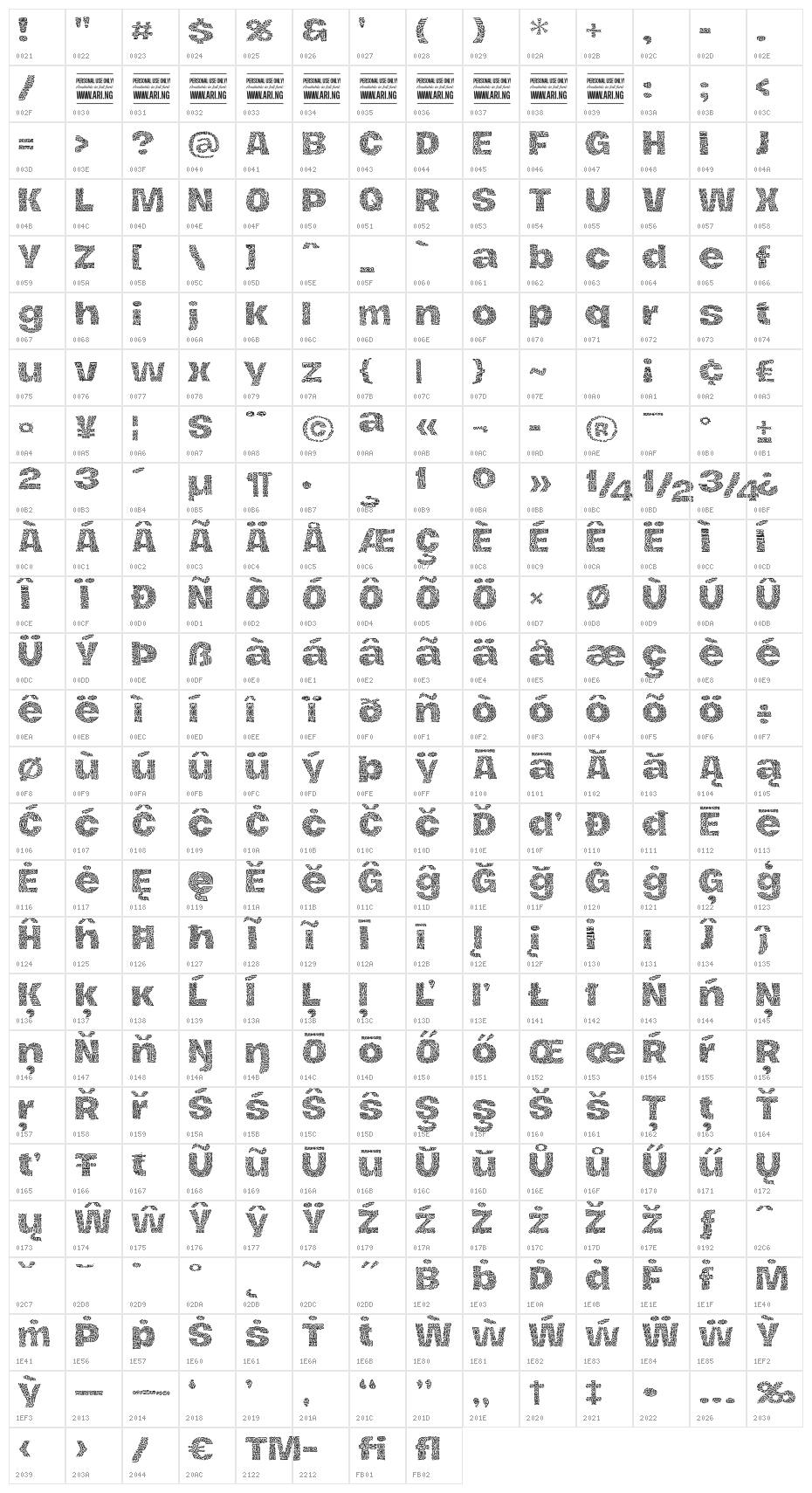Hierograf Pattern PERSONAL USE Character Map
