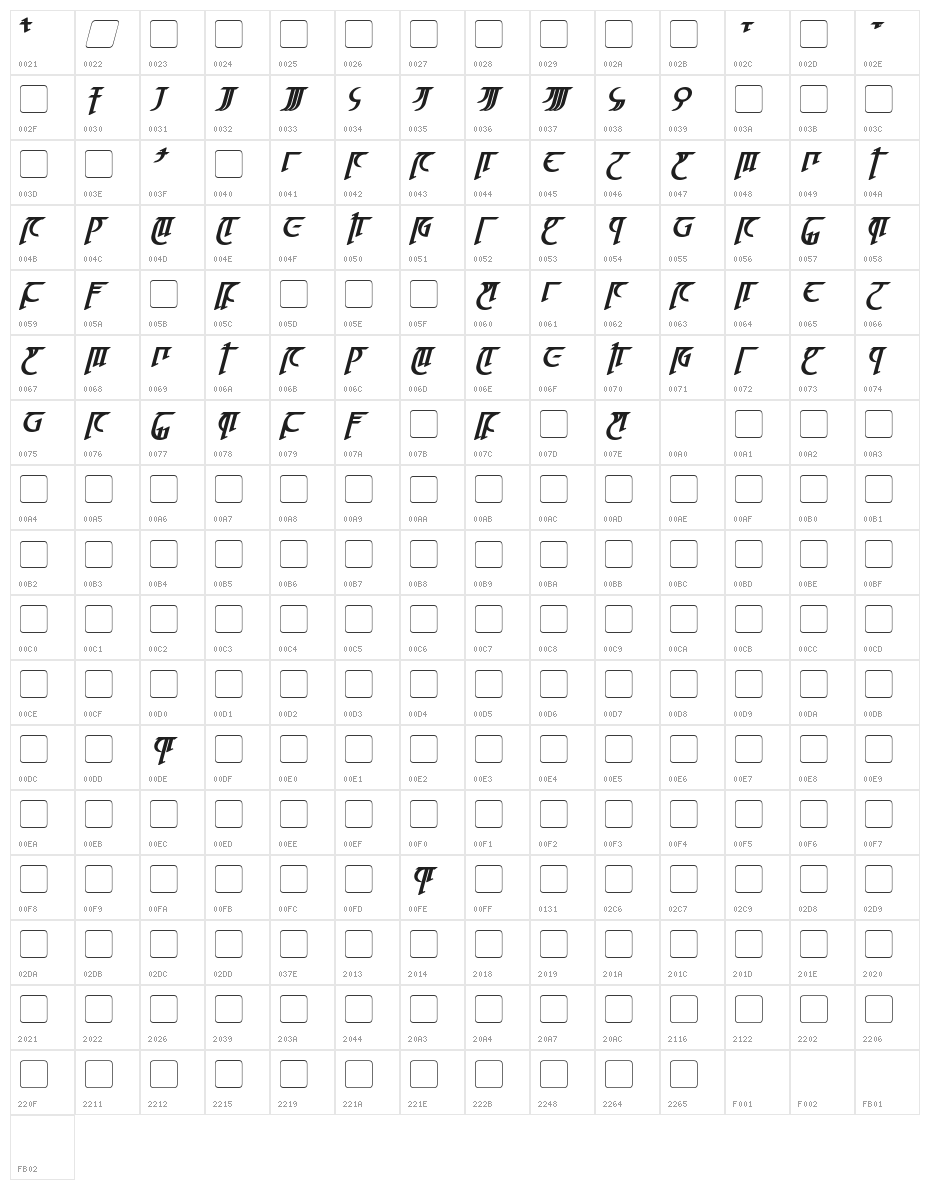 High Drowic Bold Italic Character Map