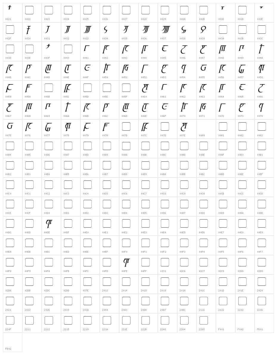 High Drowic Italic Character Map