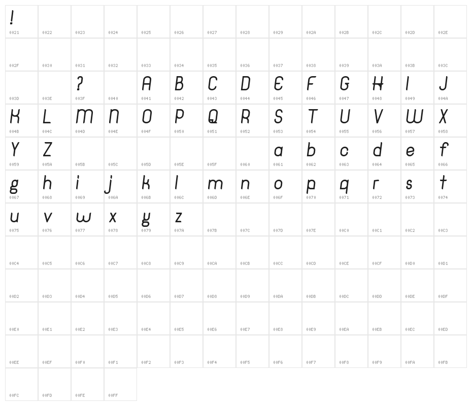 Hinge DEMO Semi Bold Italic Character Map