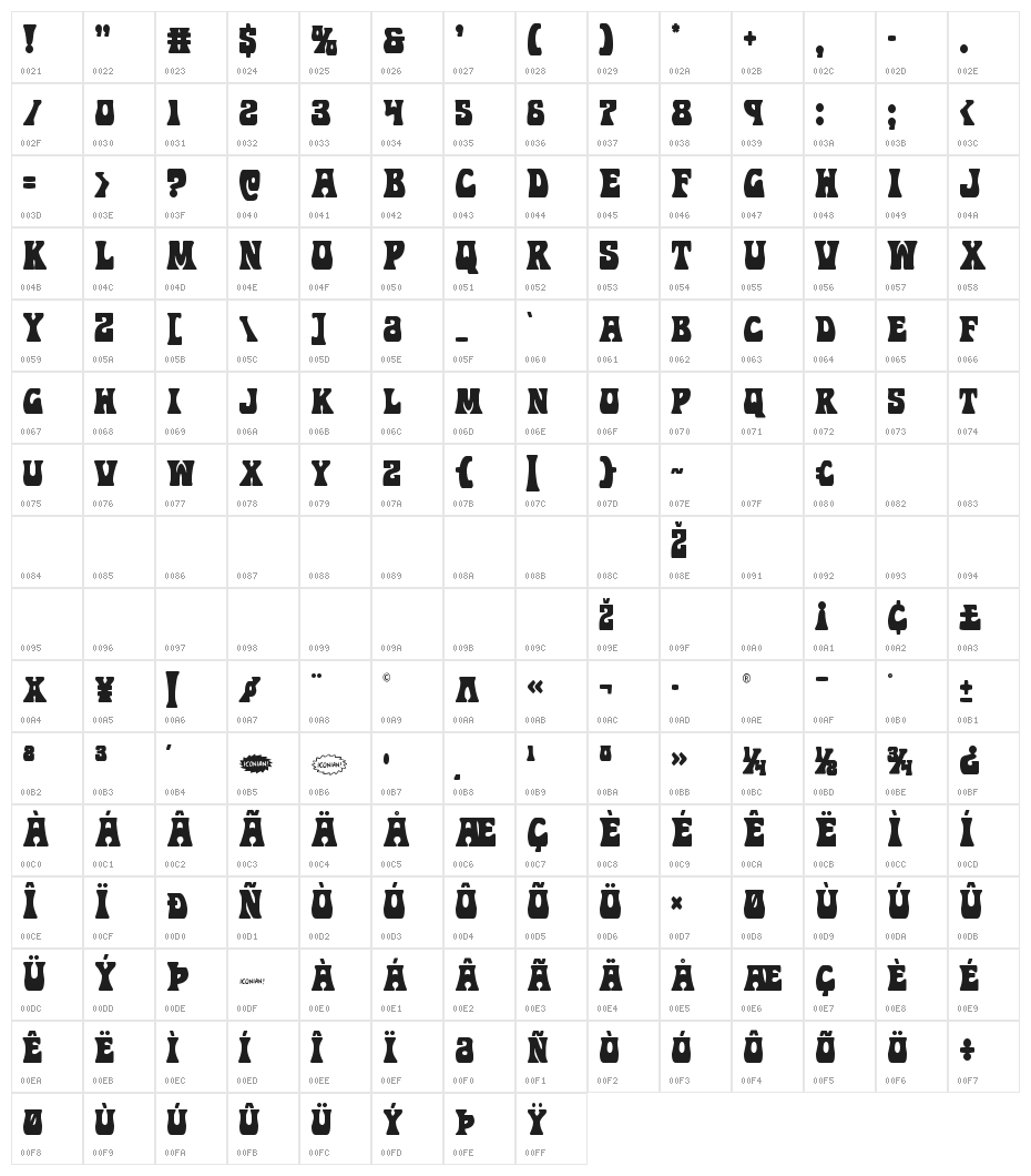 Hip Pocket Condensed Character Map