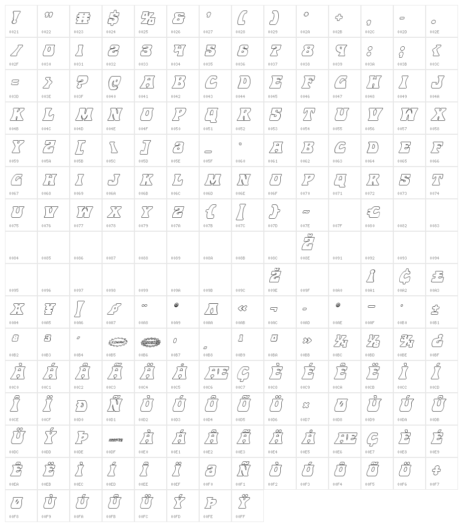 Hip Pocket Outline Italic Character Map