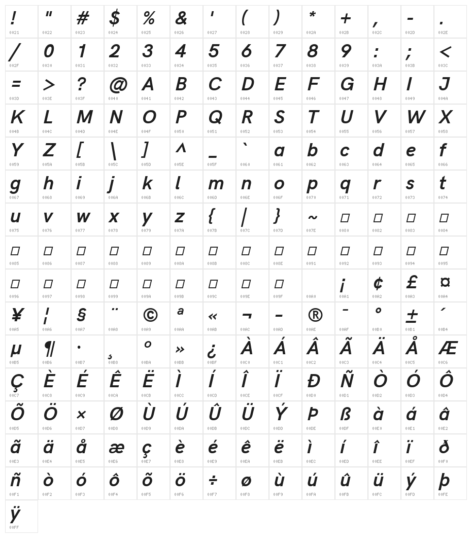 HK Grotesk Bold Italic Character Map