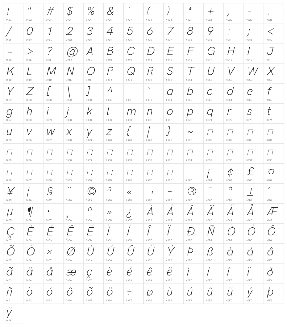 HK Grotesk Light Legacy Italic Character Map
