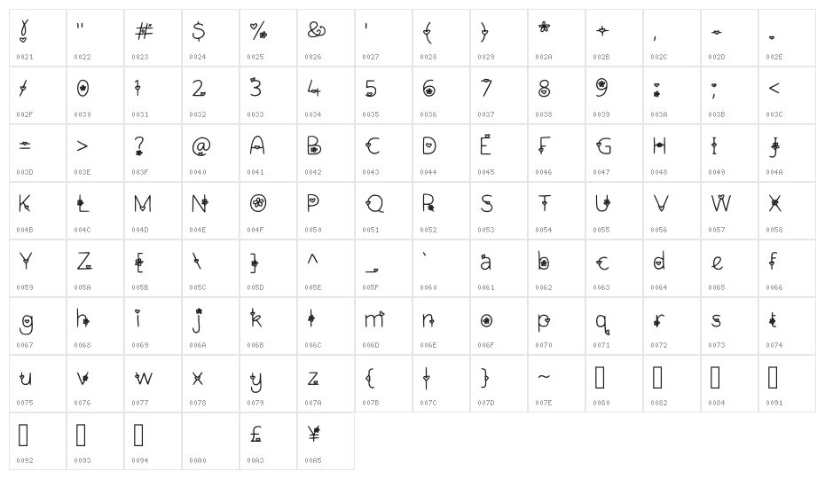 Hollies Too Much Love Regular Character Map
