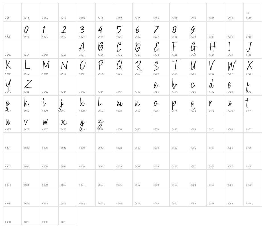 Hollybear-Regular Character Map