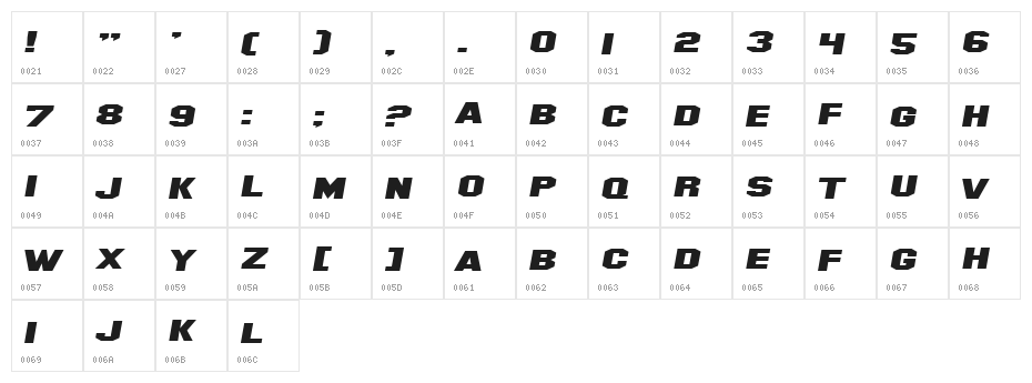 Hollywood Hills Expanded Italic Character Map