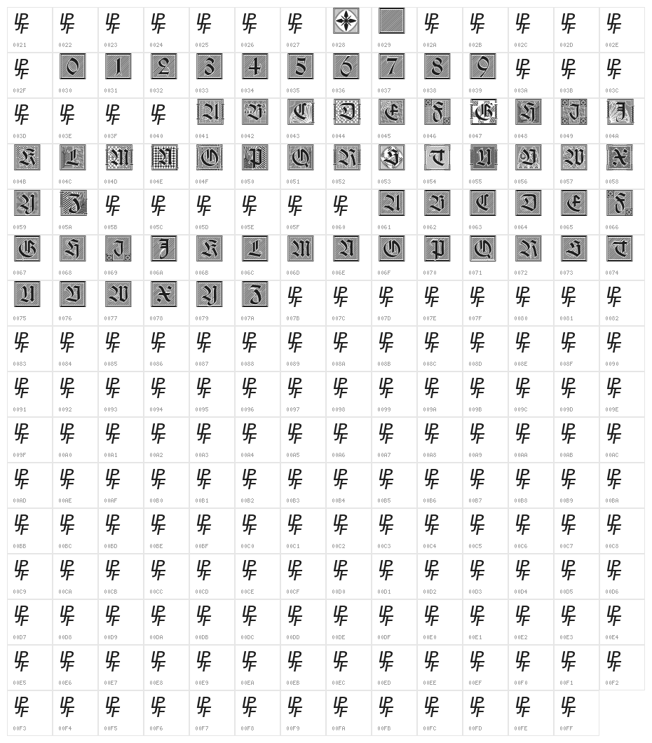 Holzschnitt-Initialen Character Map