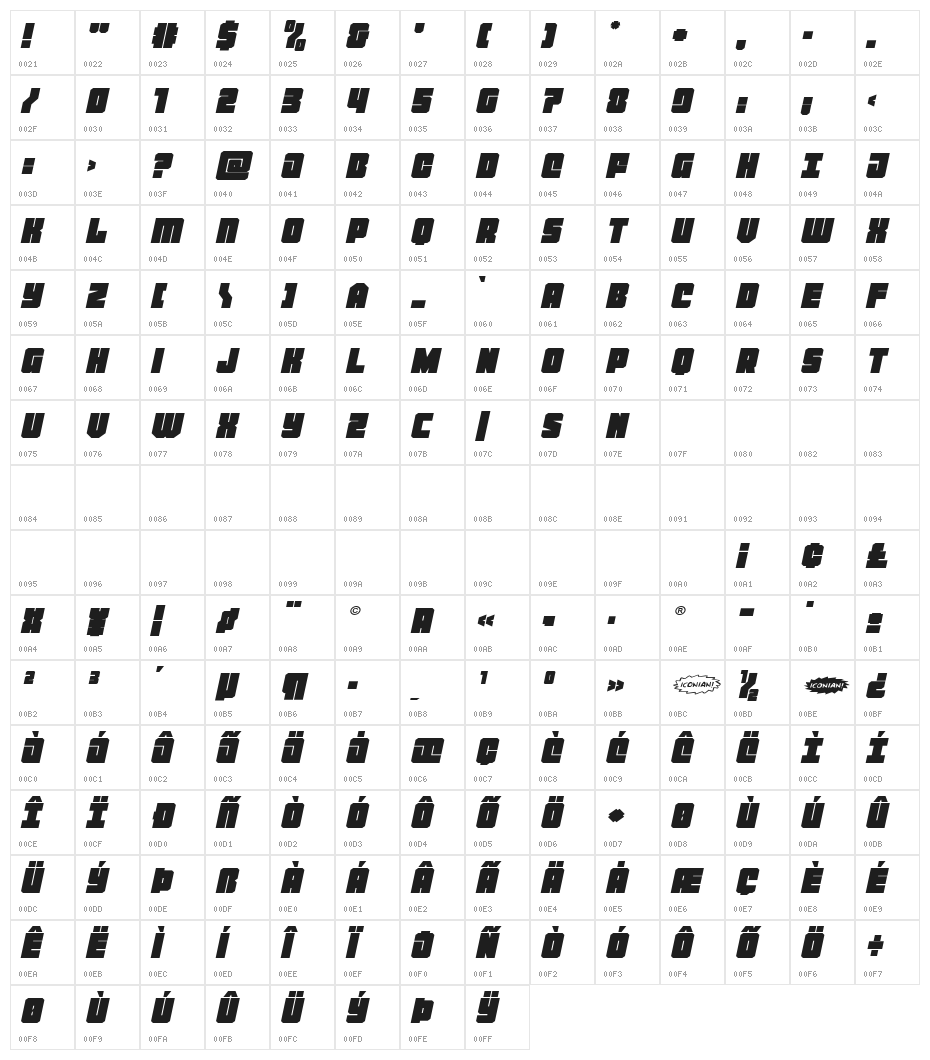 Homebase Expanded Italic Character Map