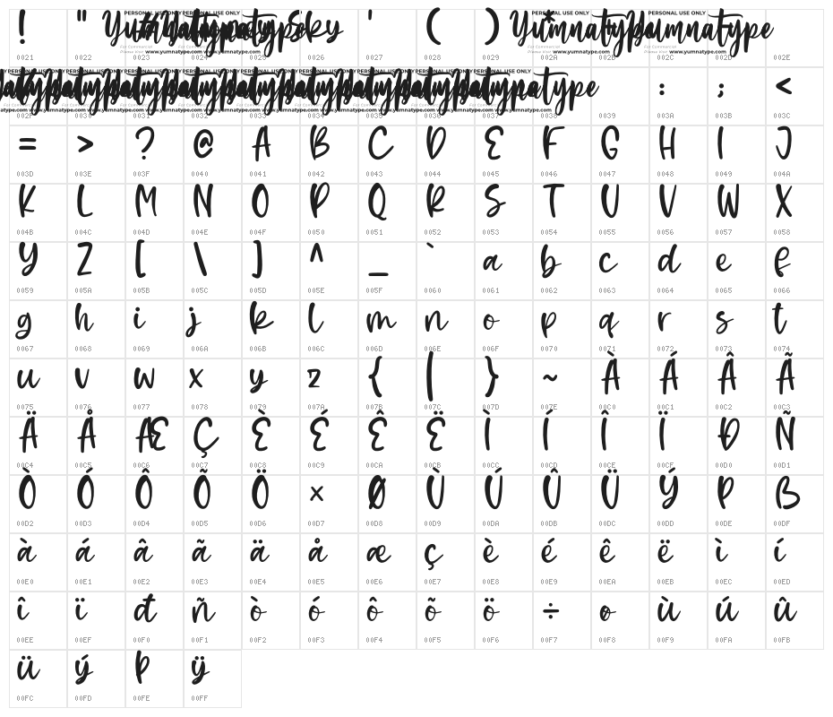 Honey Sky Personal Use Character Map