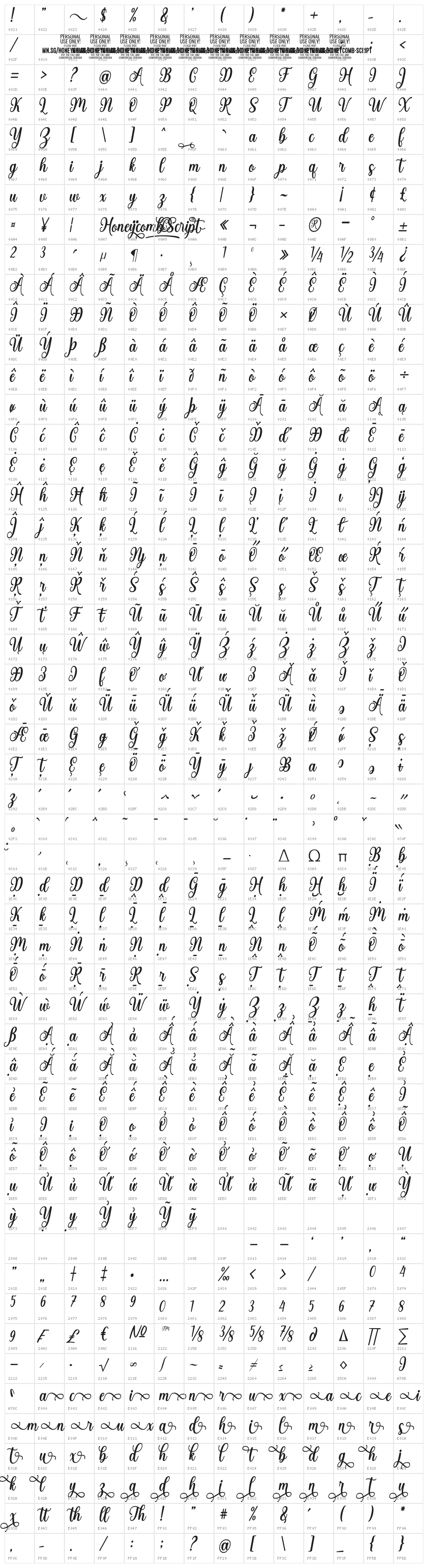 Honeycomb Script PERSONAL USE Regular Character Map