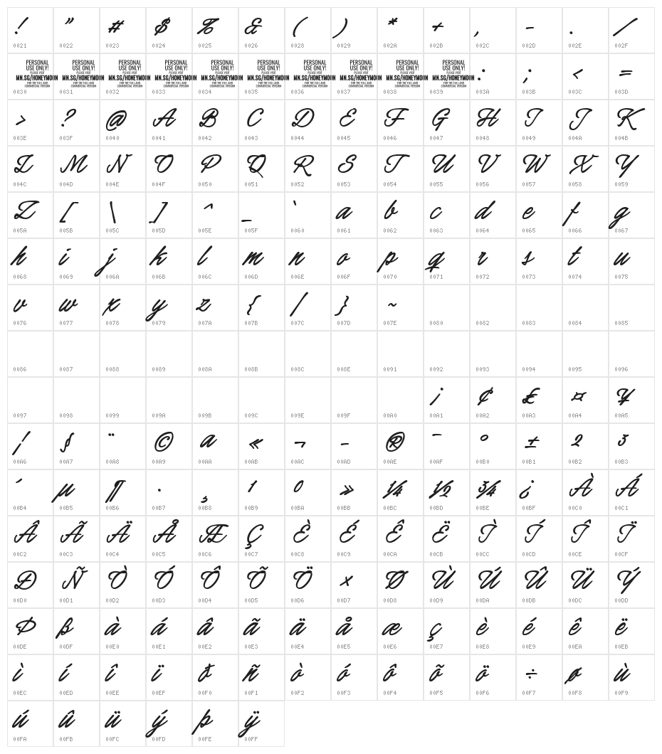 Honeymoon Bold PERSONAL USE Character Map