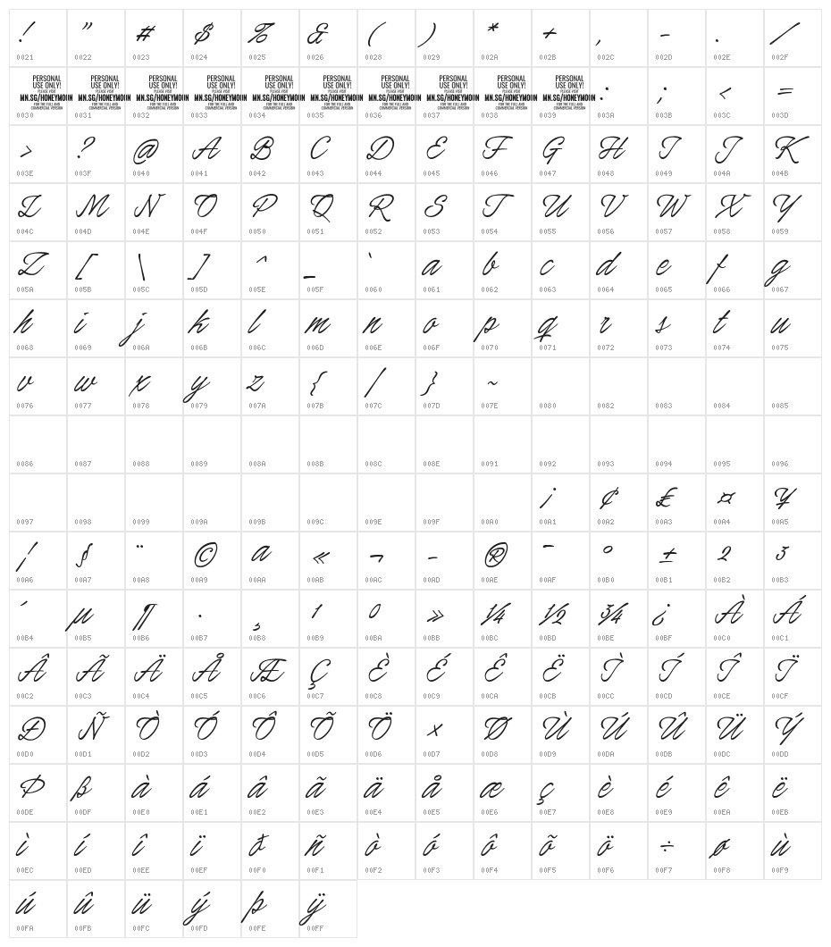 Honeymoon PERSONAL USE Character Map