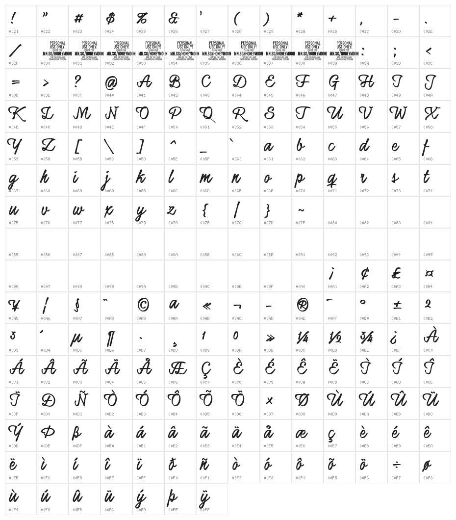 Honeymoon Up Bold PERSONAL USE Character Map