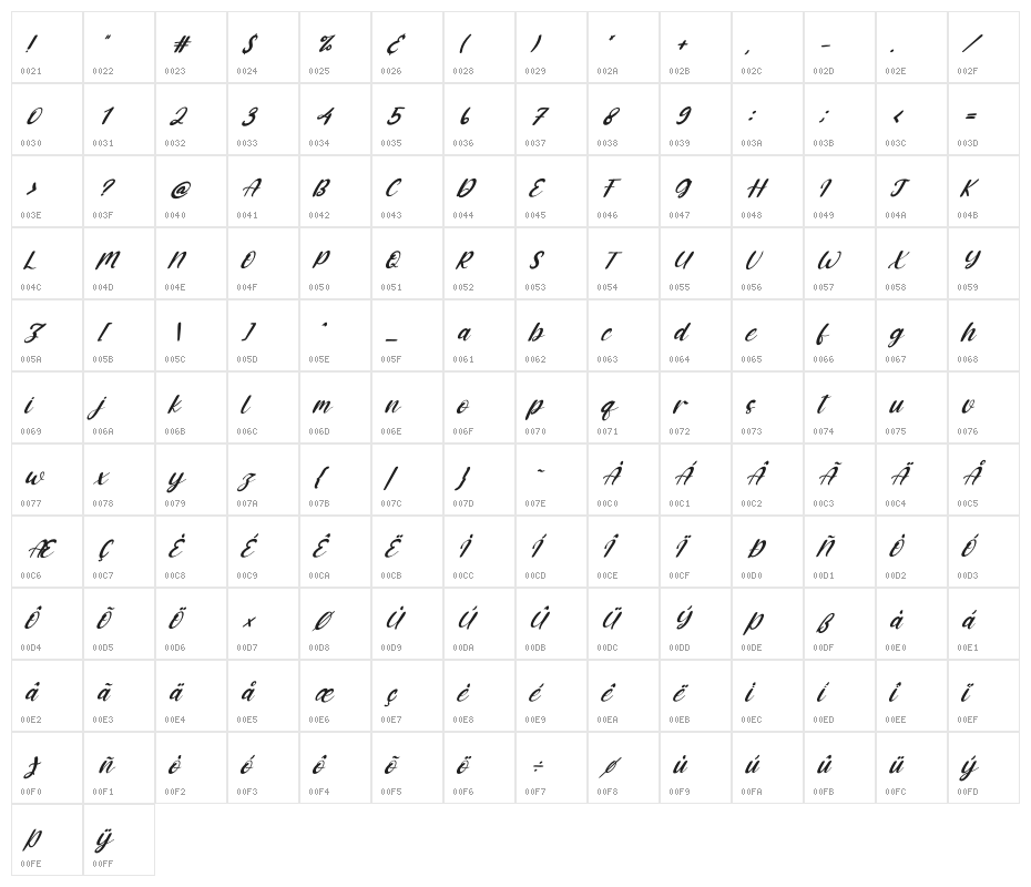 Hoppe Dizzie Italic Character Map