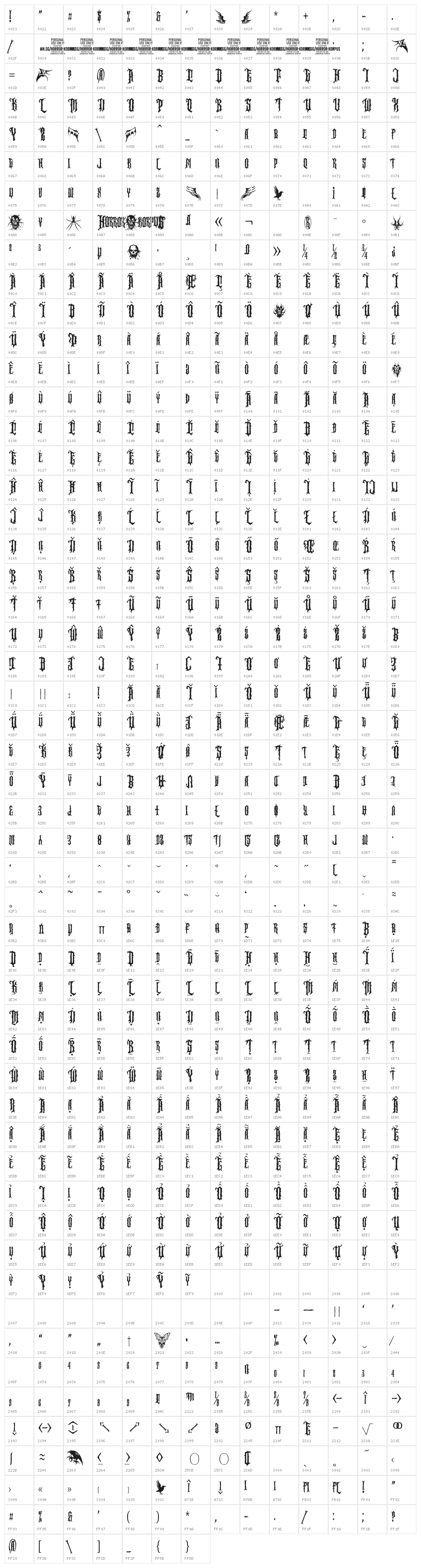 Horror Korpus Clean PERSONAL Regular Character Map