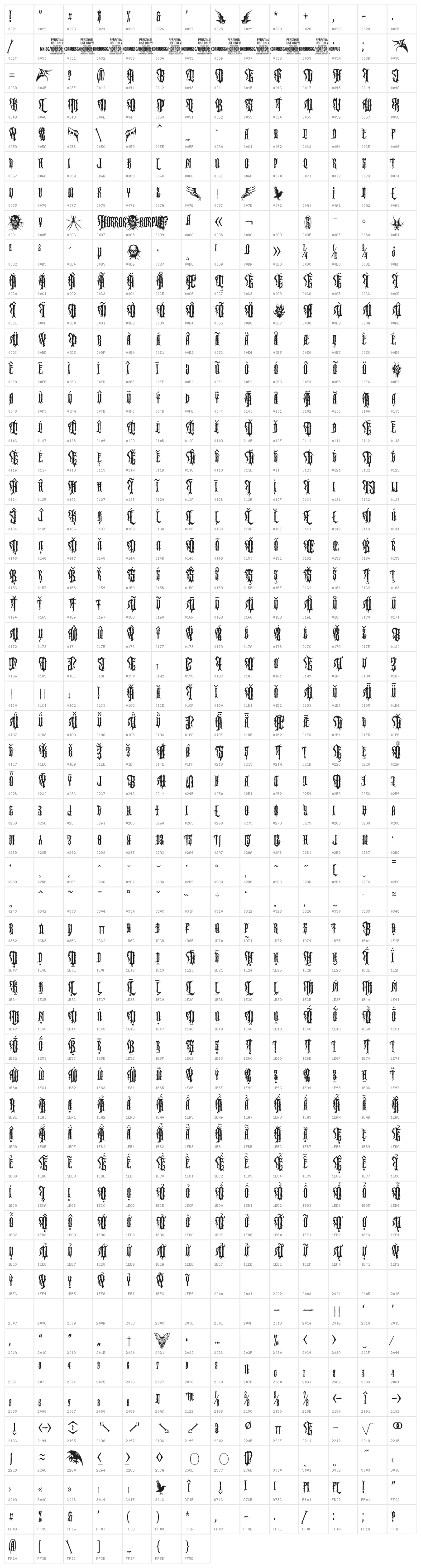 Horror Korpus PERSONAL Regular Character Map