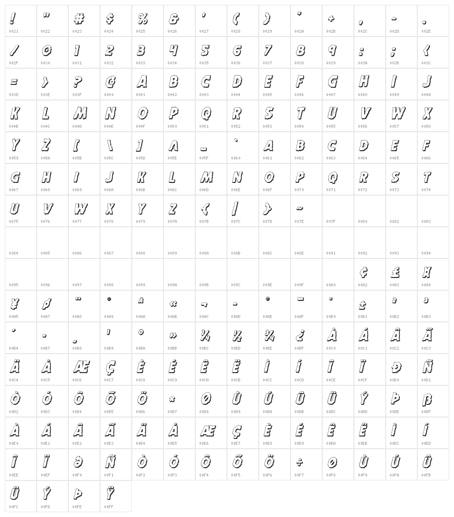Horroween 3D Italic Character Map